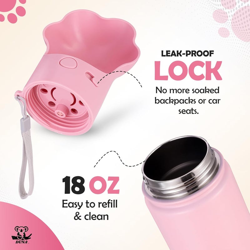 Duna Gulp by 18oz Dog Travel Water Bottle with Paw-Shaped Bowl – Insulated Stainless Steel, Leakproof & Portable with Carry Strap – Outdoor Walking, Hiking & Pet Hydration On-The-Go – Pink - Image 3